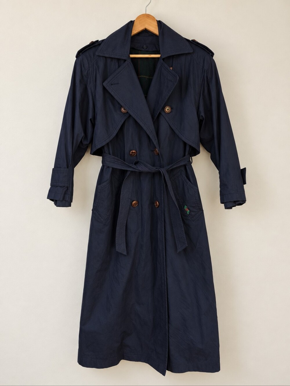 Vintage Norbert Nel Navy Trench Coat Size 8 Plaid Liner Belted